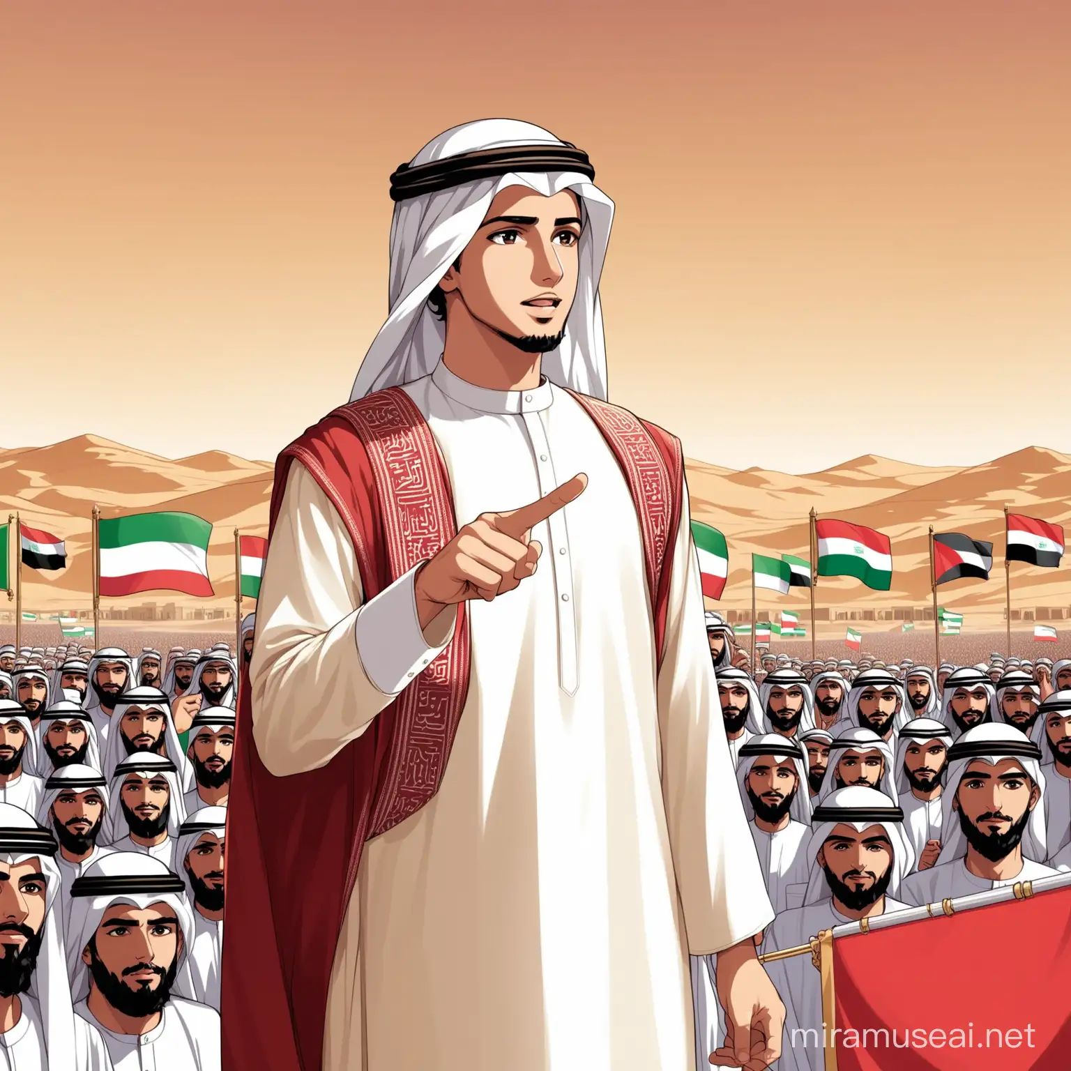 Arab Leader Delivering Speech in Desert with Flags