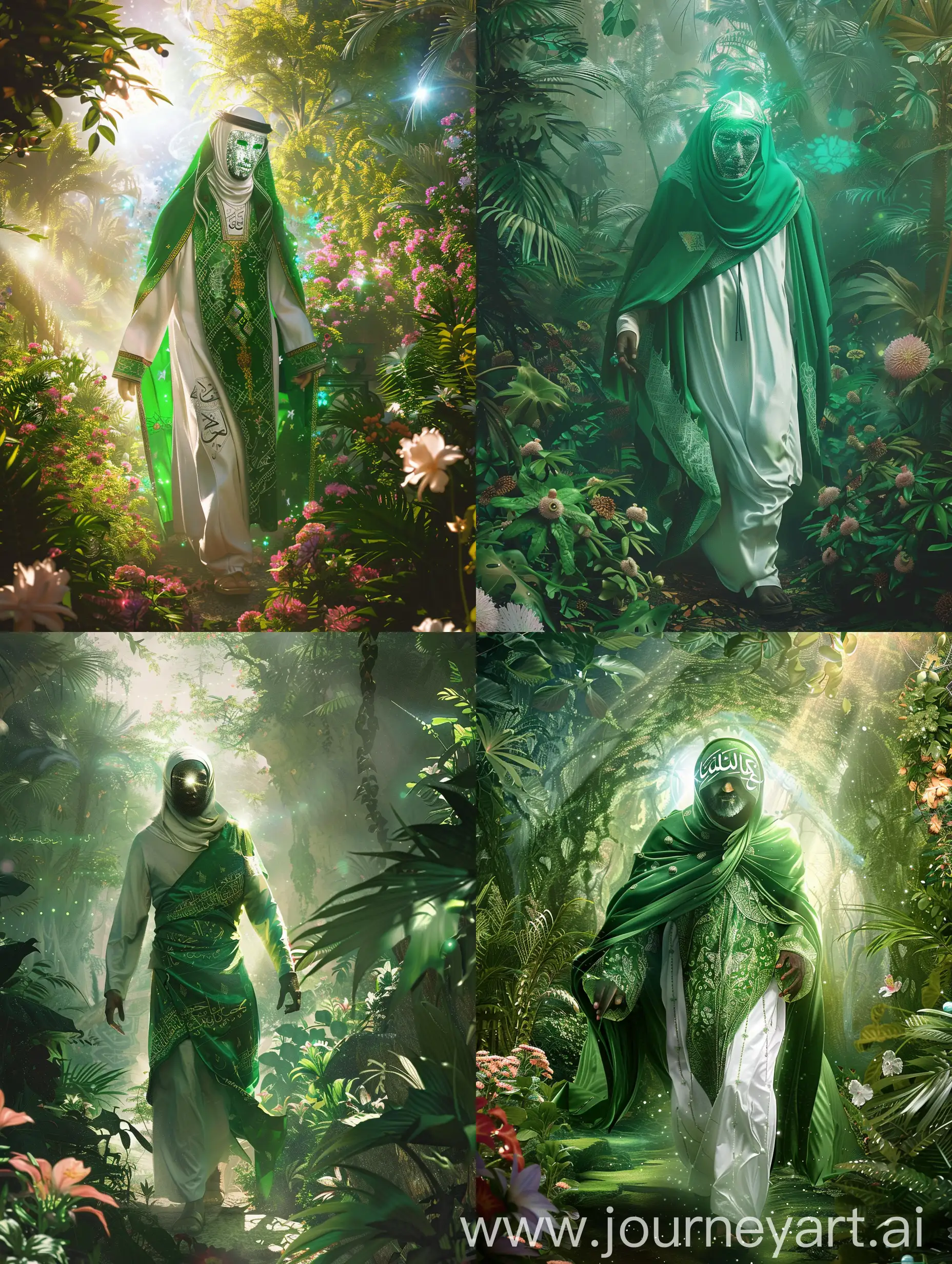 A holly islamic man with green and white arabic clothes and a shining face (no face is recognisable ) walking into a cosmic beautiful jungle and flowers