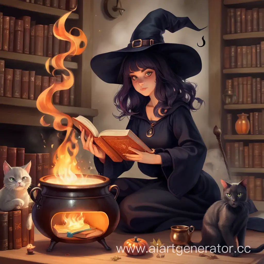 Ведьма, кот, книга, котёл, огонь, магия
