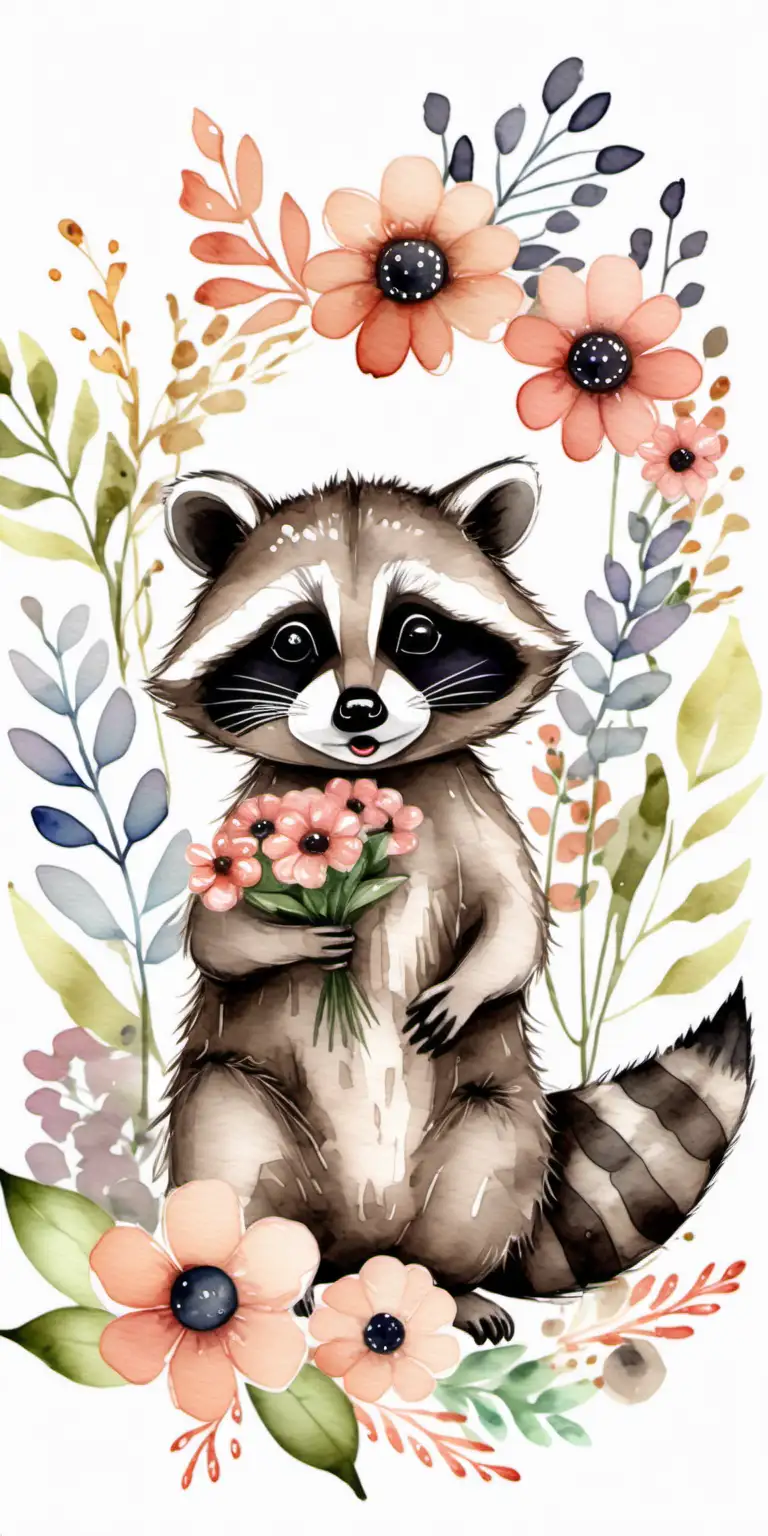 Charming Watercolor Clipart Adorable Raccoon Surrounded by Blooming Flowers