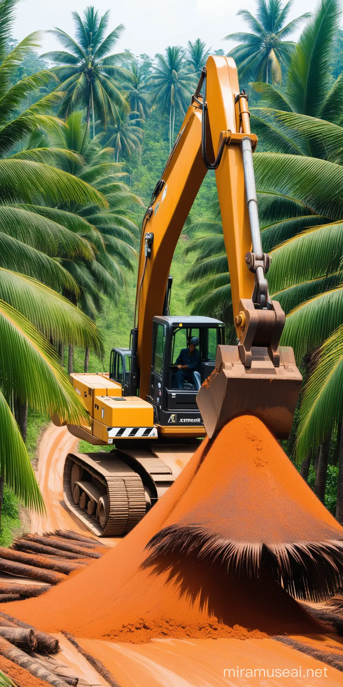 Excavator Cutting Palm Oil Tree Industrial Agricultural Machinery in Action