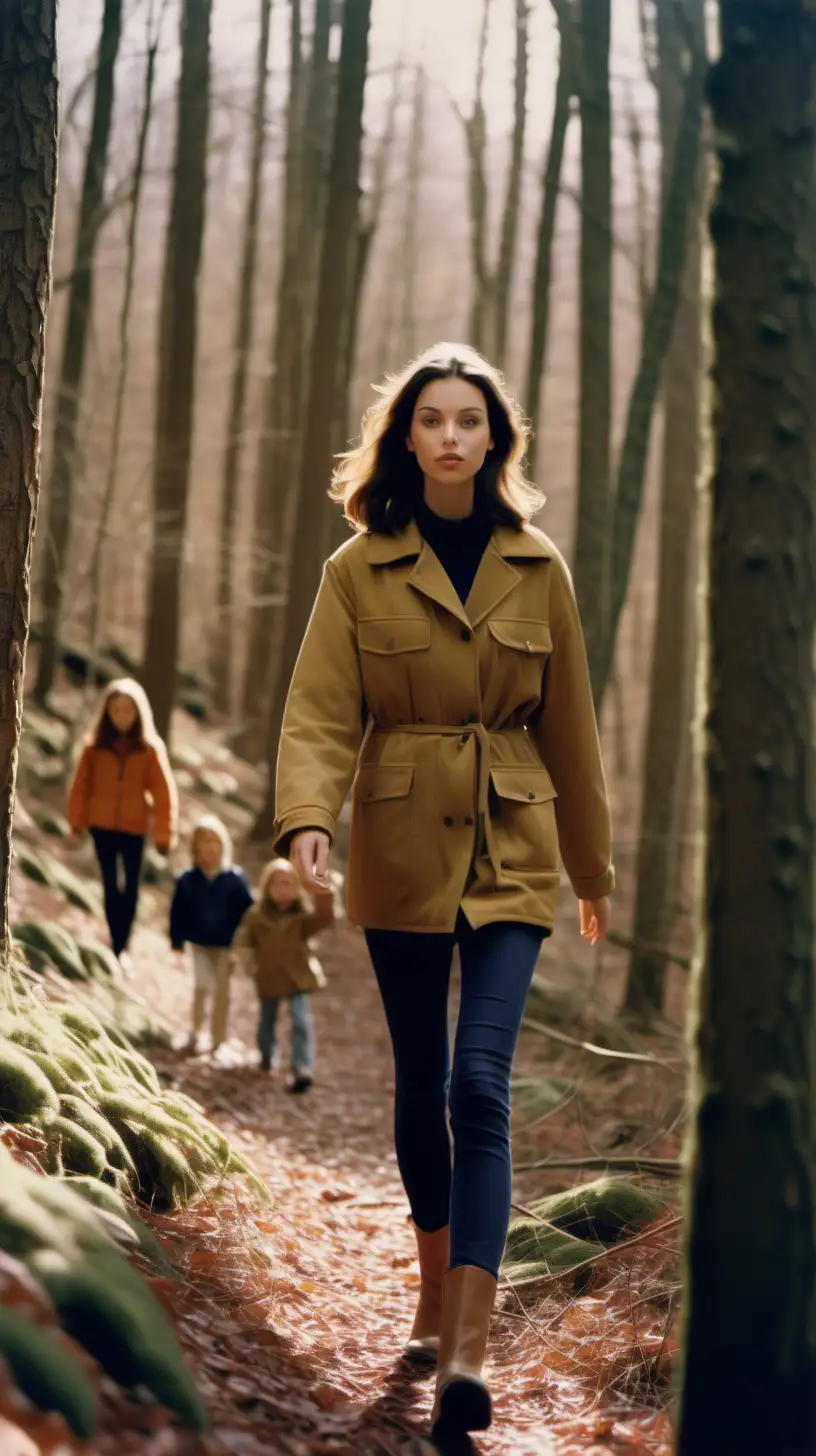 Brunette Model Walking with Family in Forest Captured on Kodak Gold 400 Film