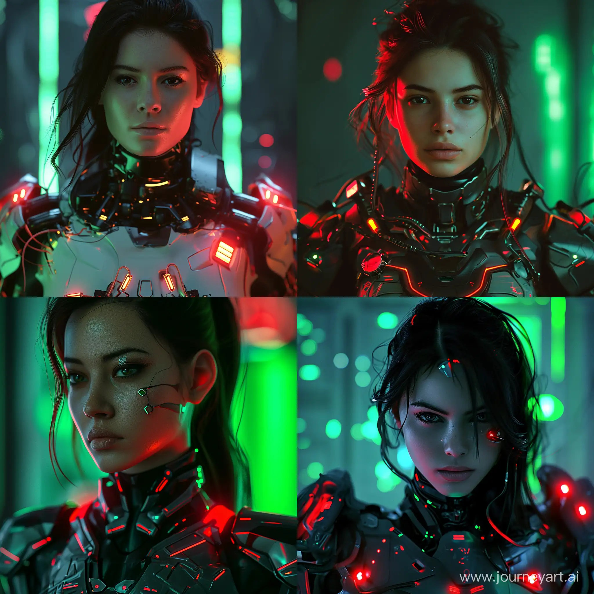Hyper realistic woman, adult, serious expression, dark hair, sci fi, biomechanical armor suit, beautiful, alien, red and green glowing ambient lights