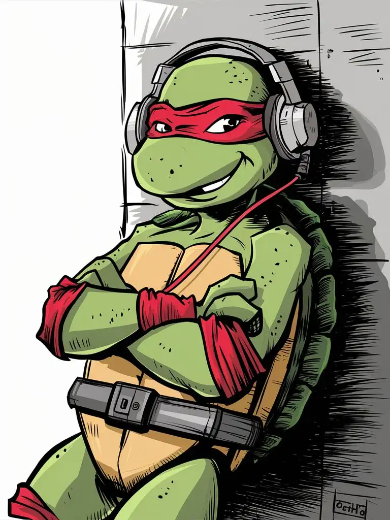 ninja turtle red mask wearing headphones