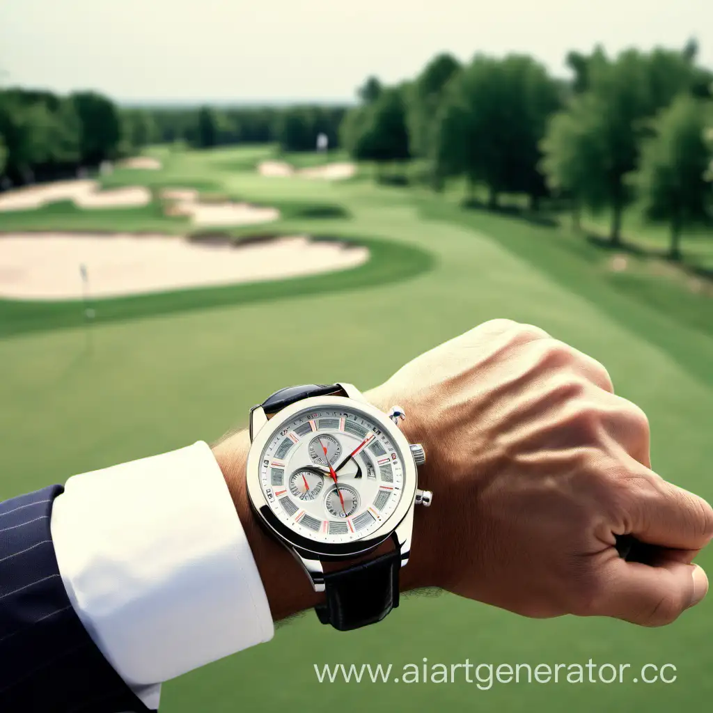 an expensive watch showing the status of a rich man on the hand of a man checking the time in the background of a golf course