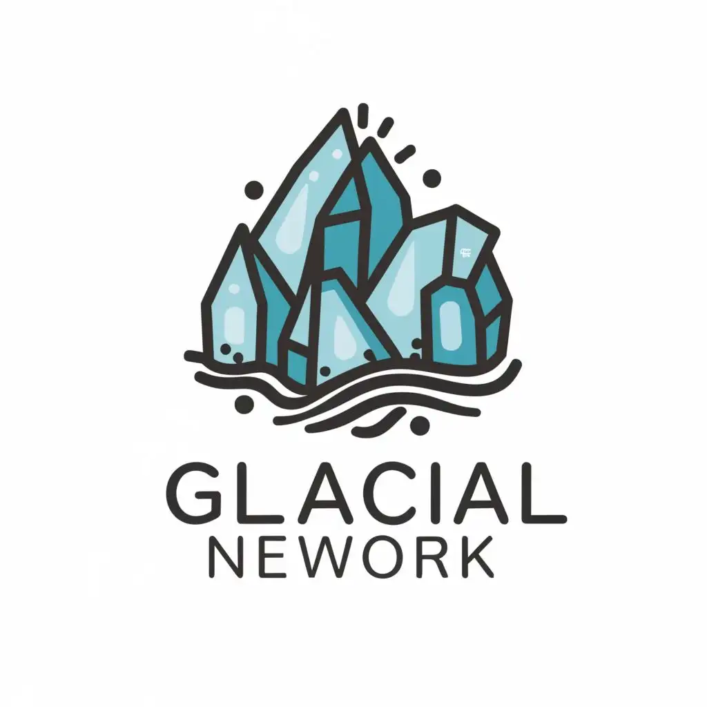 logo, ice and a rock, with the text "Glacial Network", typography