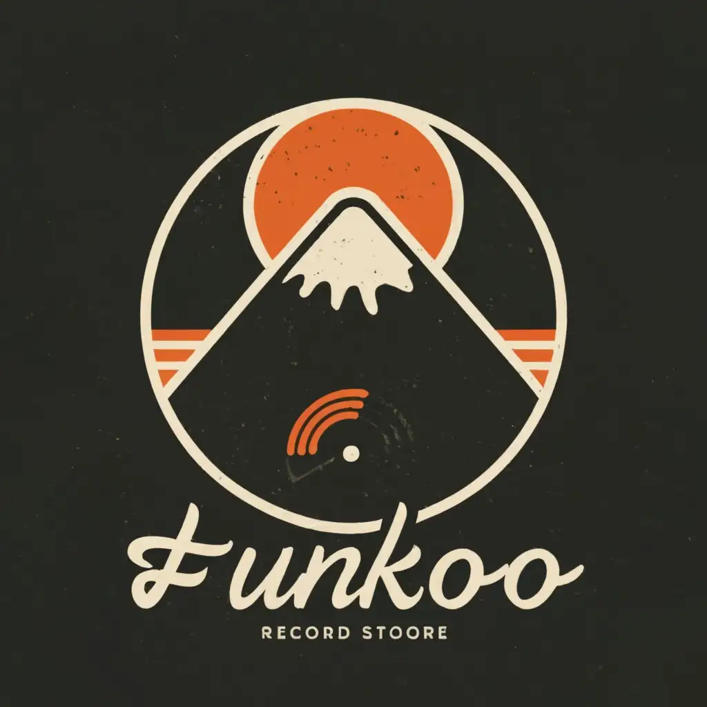 a logo design,with the text "Funkoo", main symbol:Vinyl record  japan  vintage fuji mount psychedelic record vinyl  record store  gold,Minimalistic,clear background
