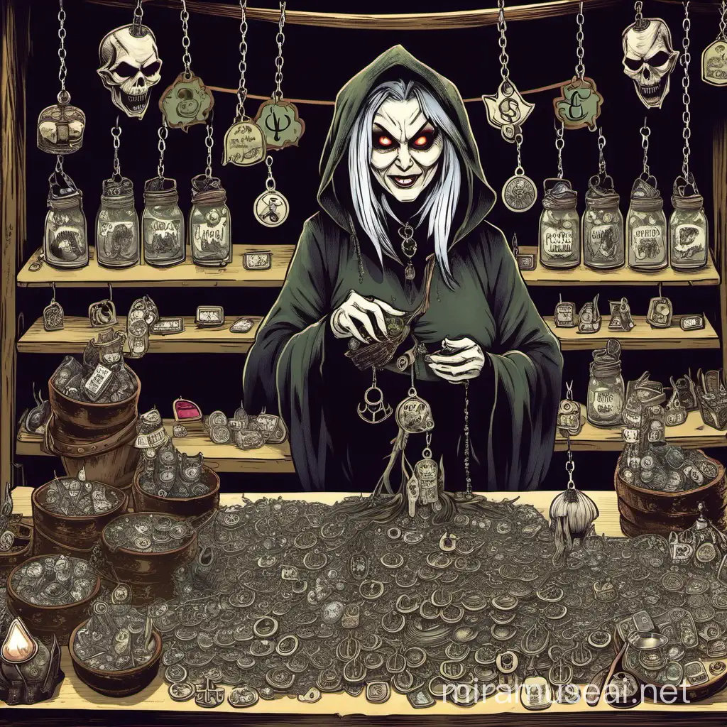 Evil witch selling charms
