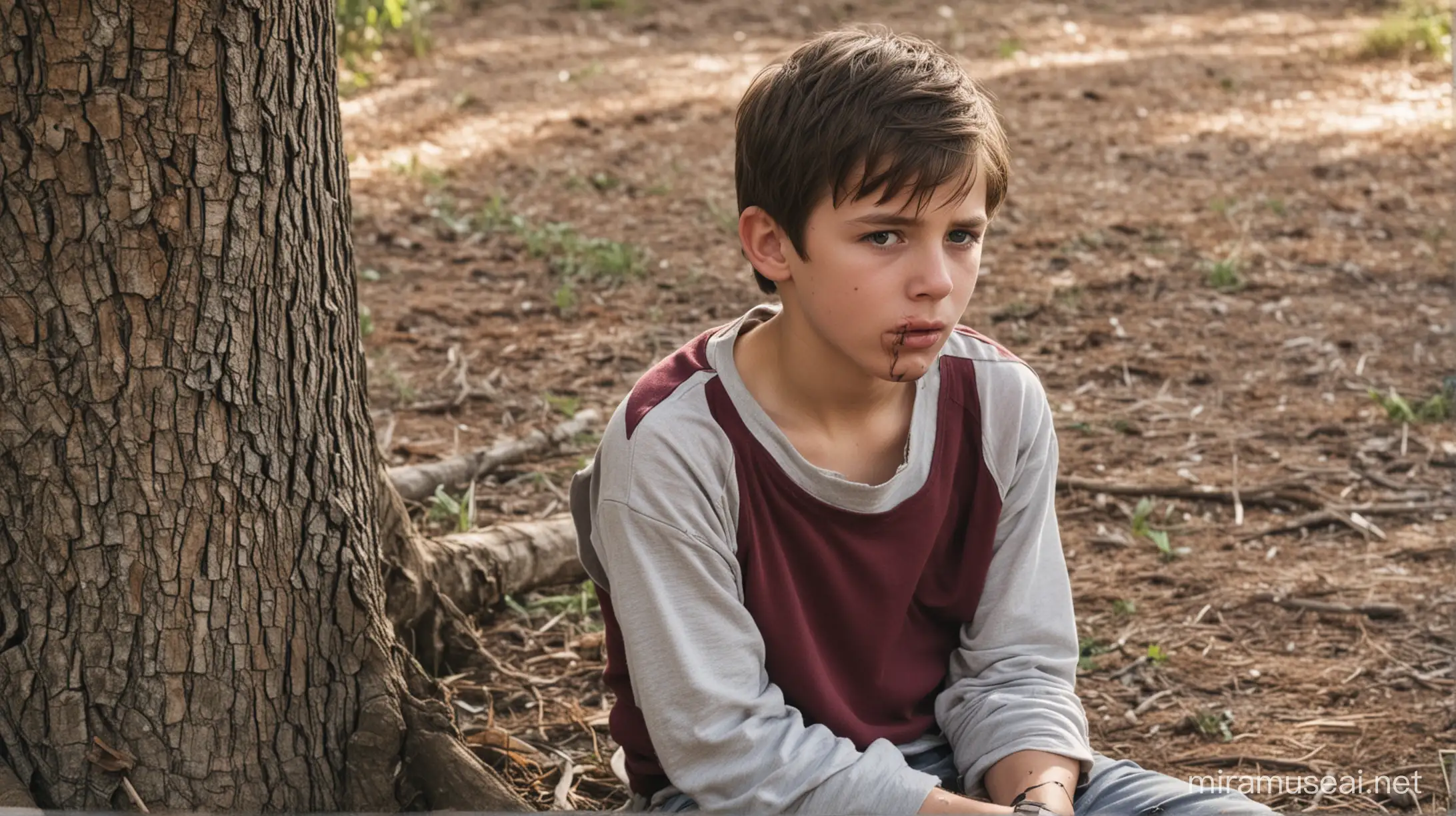 12 year old boy in raglan shirt, sitting up against a tree, mouth taped, wrists and ankles tied, forlorn look on boy's face