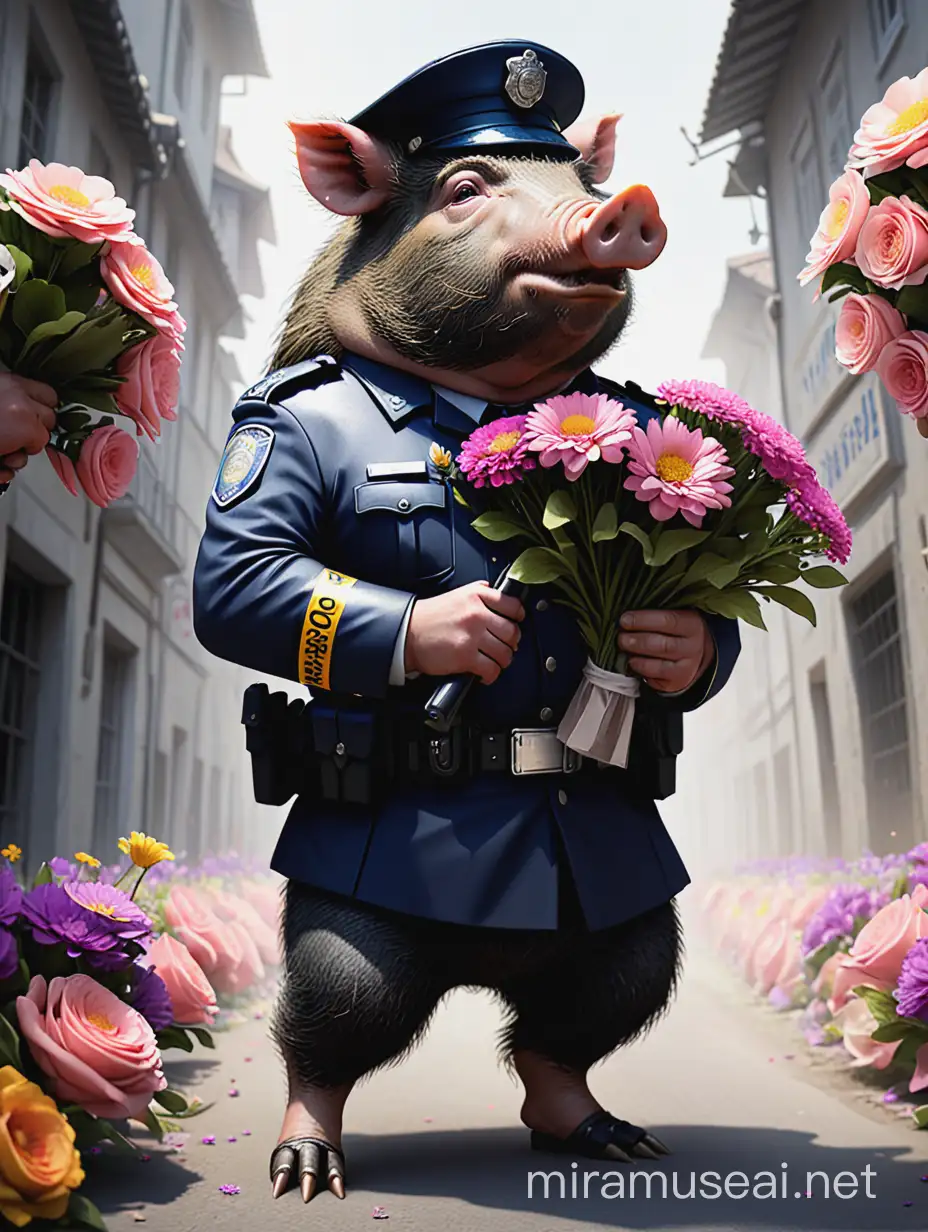 boar policemen, flowers in hand