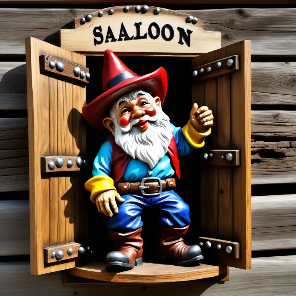 relief, garden gnome dressed up like a cowboy, in a saloon. with swinging doors