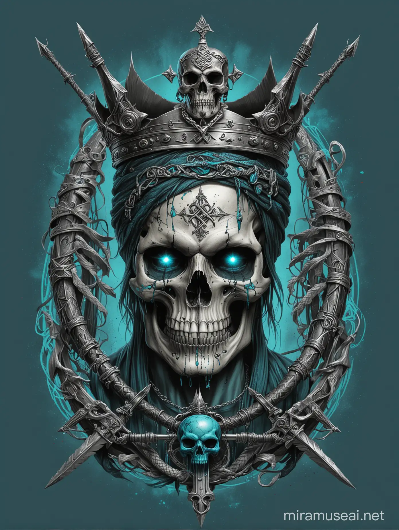 man skull with celtic symbols and crown, bloodshot eyes, turquoise black rose, blue black cobra snake, pulley bow and arrows, compound, blood, blue fire, no background, t-shirt design