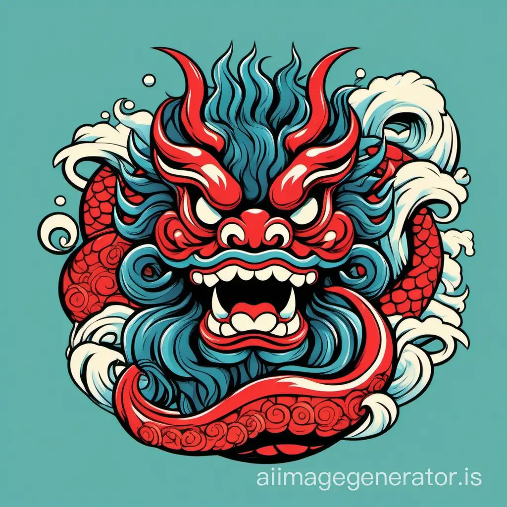 Abstract cartoonish pop art design of a Chinese Shen dragon Daruma bust with waves around, side view, tshirt print shape, with empty background