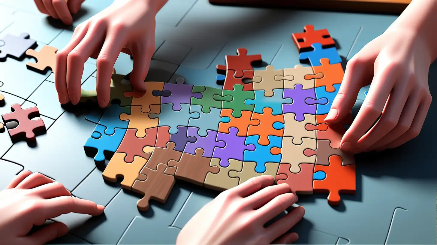 Collaborative Puzzle Solving Hands Adding Pieces to the Game