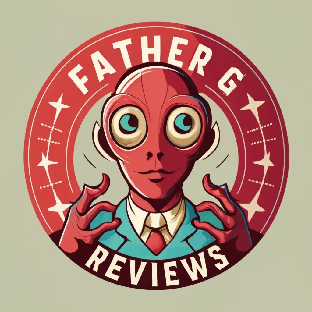 logo, Alien red suit with clerical collar with sign logo, with the text "Father G Reviews", typography, be used in Nonprofit industry