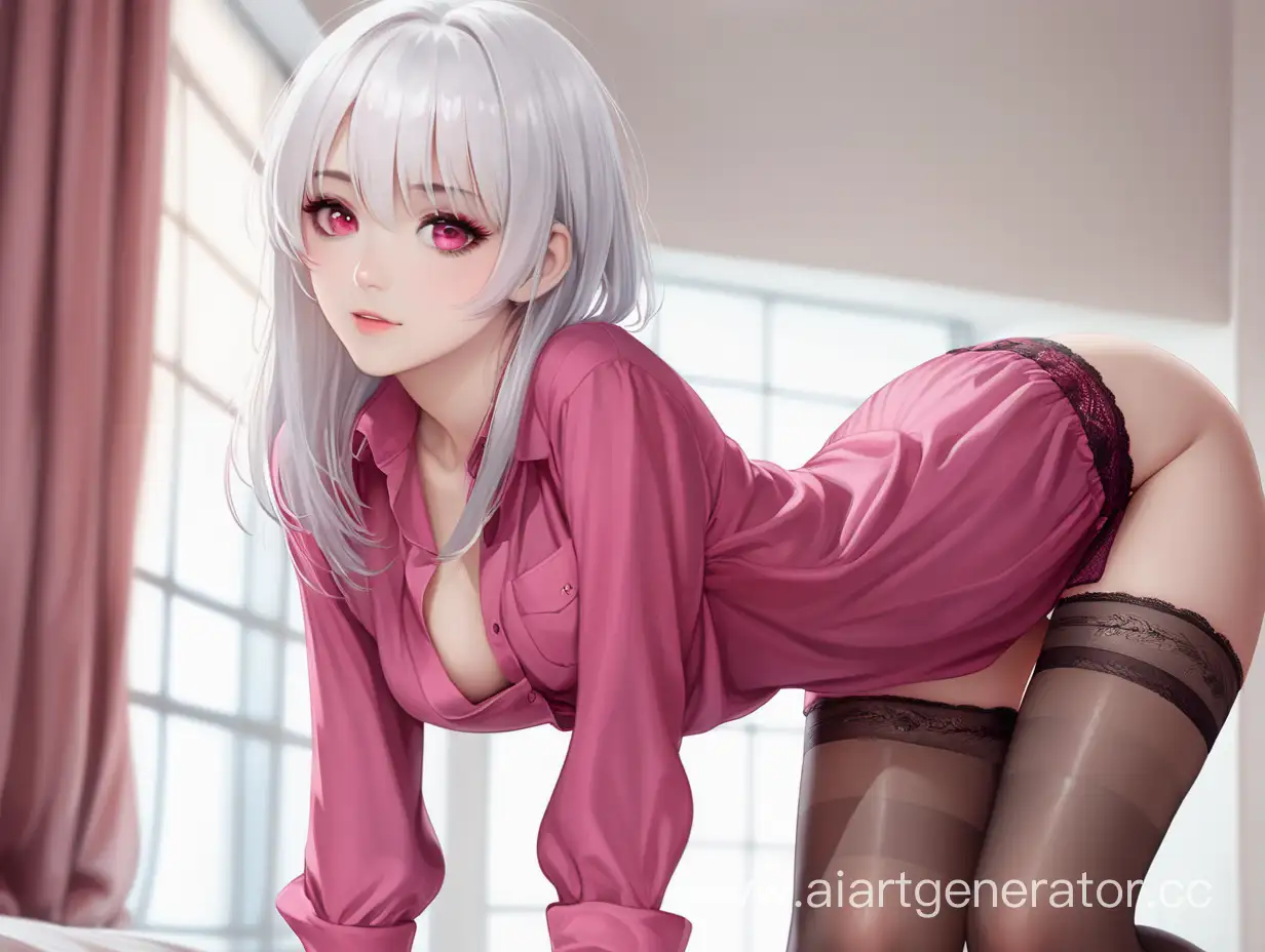 sexy girl cute, white hair, pink eyes, red blouse, in stockings modest nudity