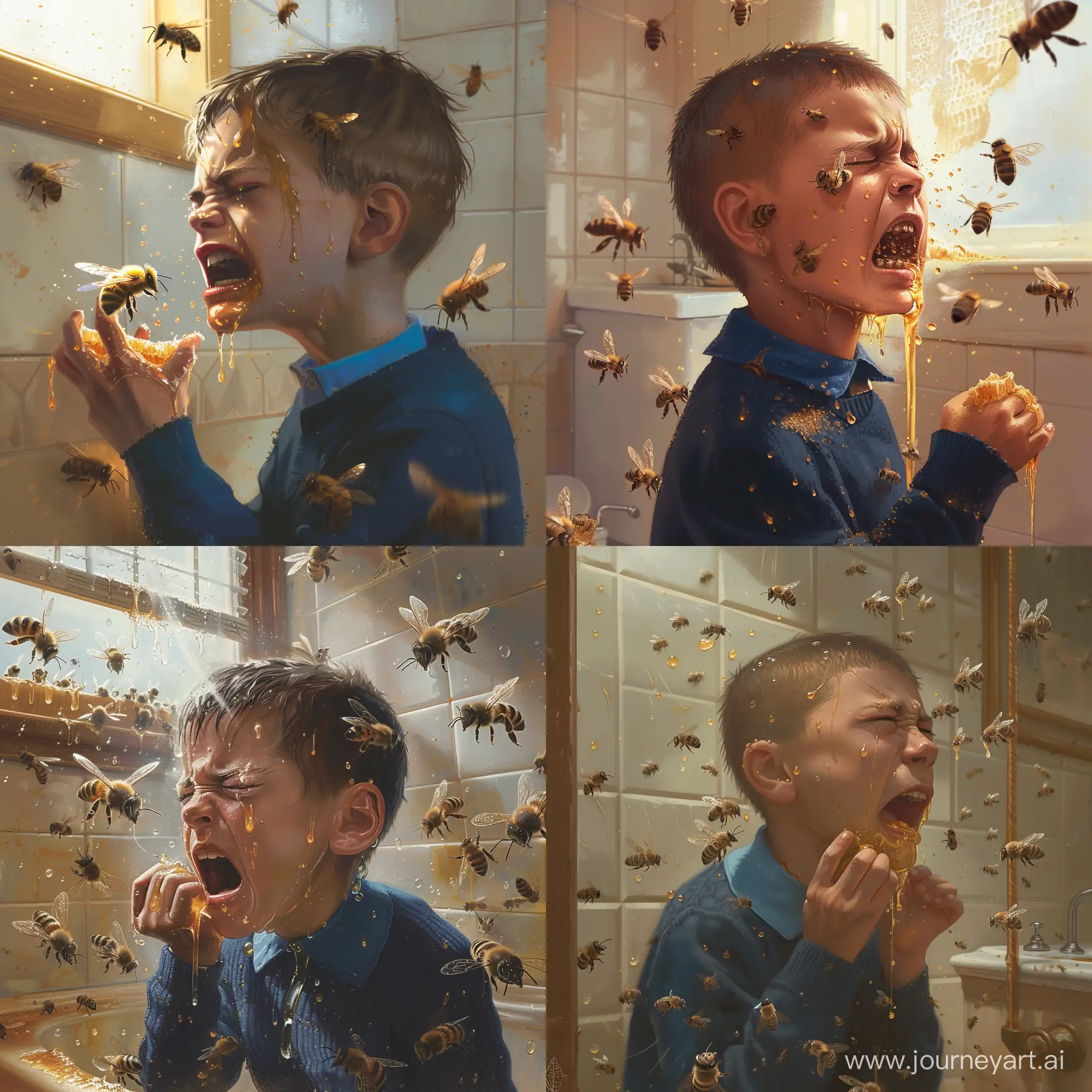 Boy-Crying-in-Bathroom-Surrounded-by-Bees-While-Eating-Honey