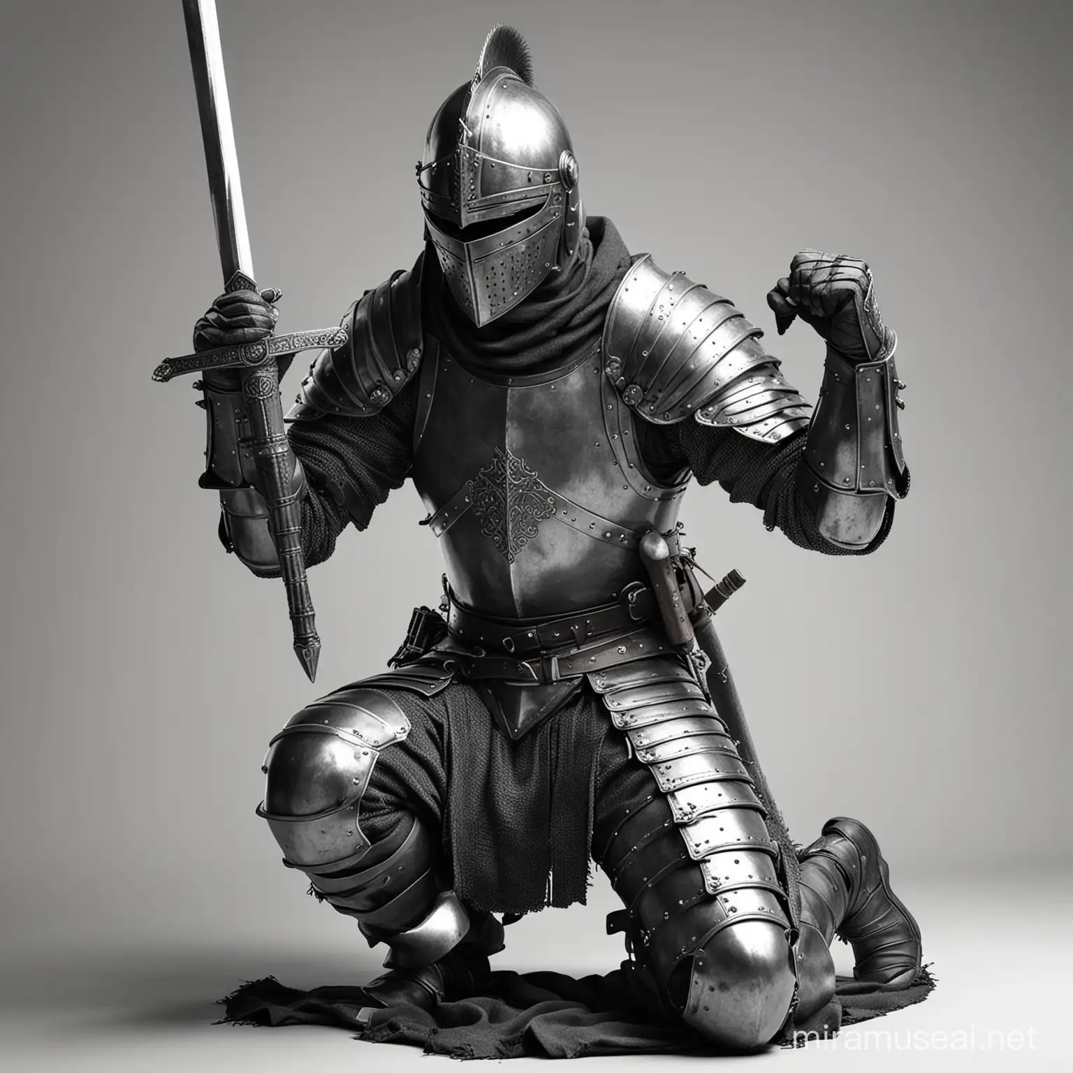 Imagen realista de caballero medieval, arrodillado, agarrando la espada con las dos manos, la espada apoyada en su casco y el casco cubríendo toda su cara, en blanco y negro con el fondo blanco