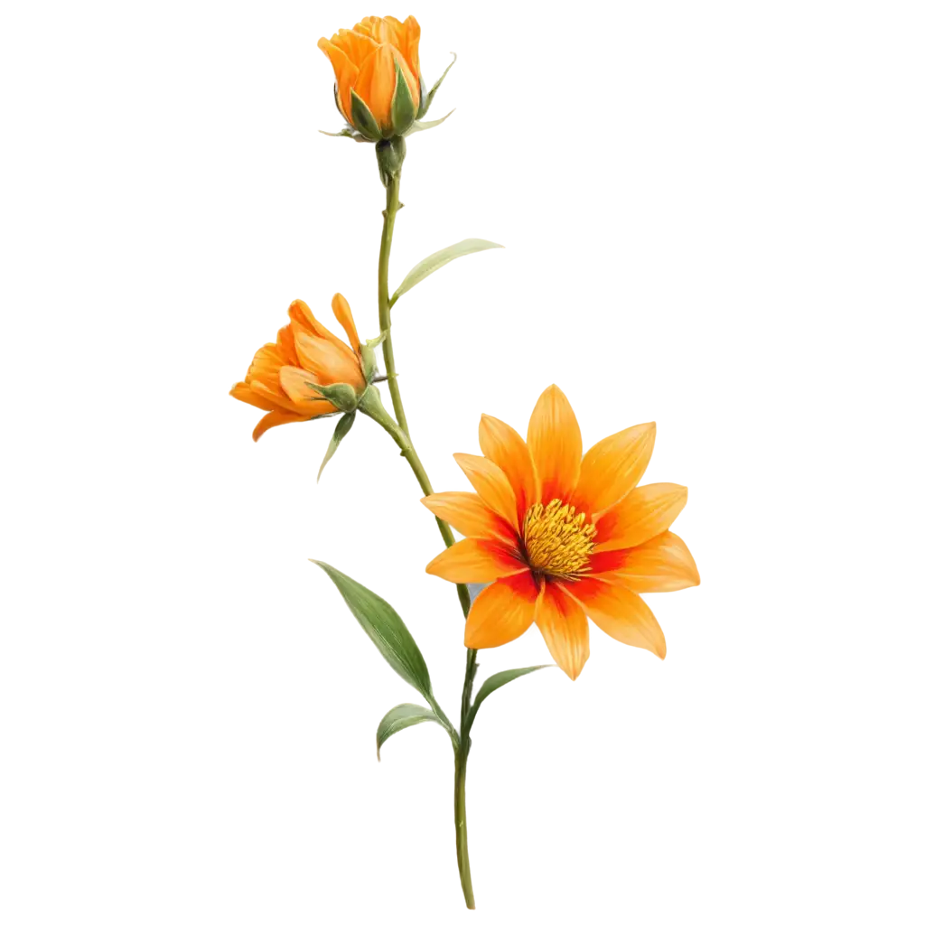 an orange flower, painted, with an overflow of yellow and red flowers, a bud and an open flower