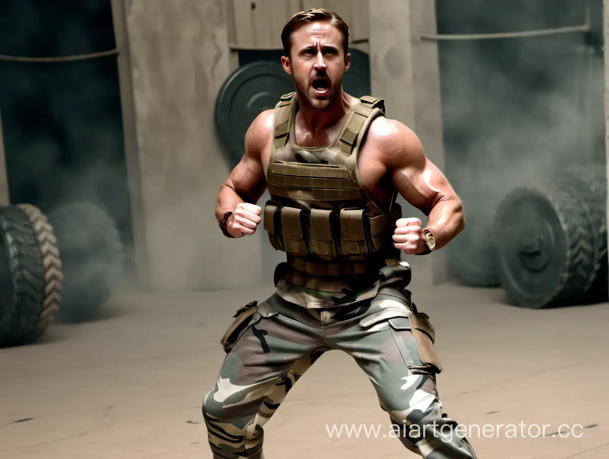 ryan gosling, full body, military plate carrier, camouflage uniform, muscles, angry face, shouting, one person, palms clenched into fists, gladiator, one person, standing still, bodybuilder pose