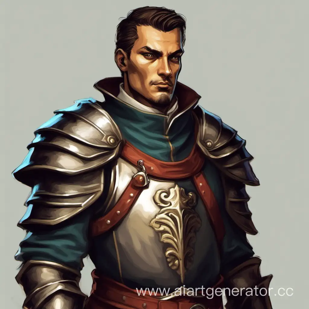 Make a man in a good guard uniform in D&D style and painted like art so that he looks at me and roughly observes medieval etiquette.