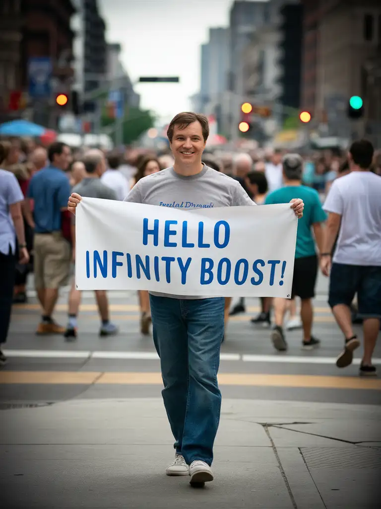 Pavel Durov is standing in the foreground and holding a large sign with "Hello INFINITY BOOST" written in blue letters. Pavel Durov smiles and looks directly at the camera. He is dressed in casual attire consisting of a gray T-shirt and blue jeans. In the background is a city street with many people walking on the sidewalk, several buildings and traffic lights. The focus is on the person holding the sign, suggesting that they are trying to chat or greet INFINITY BOOST, perhaps in connection with some personal event or celebration.