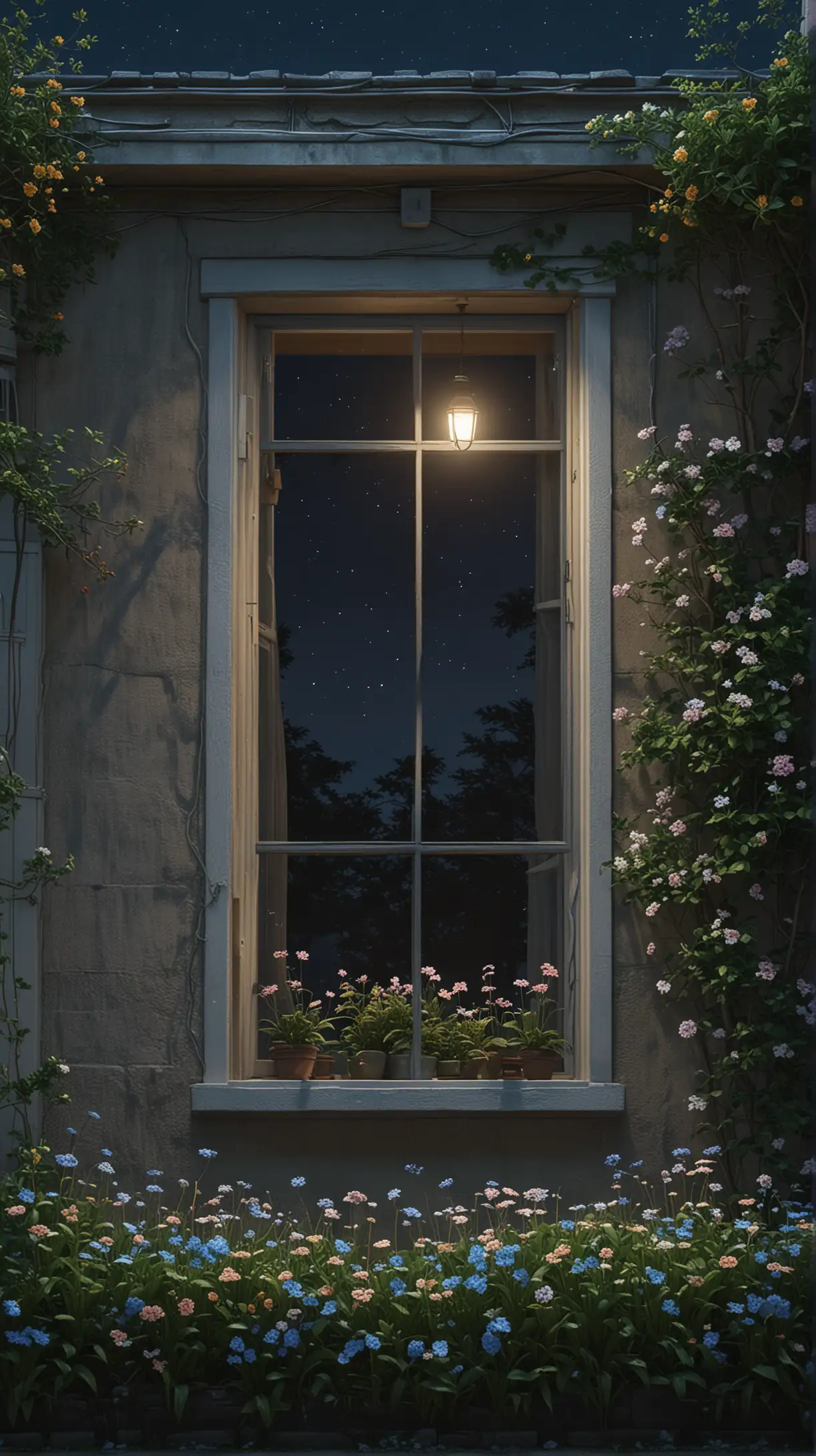view from front flower. bush up old house countryside greek style with big window and lamp ,Dark night sky, bush and variant flowers around,8k render, illustration, ultra detailed, realistic, 3Drender, acrylic palette colors, trending pixiv fanbox, makoto shinkai style, ghibli style, best quality, best composition, stable diffusion, 