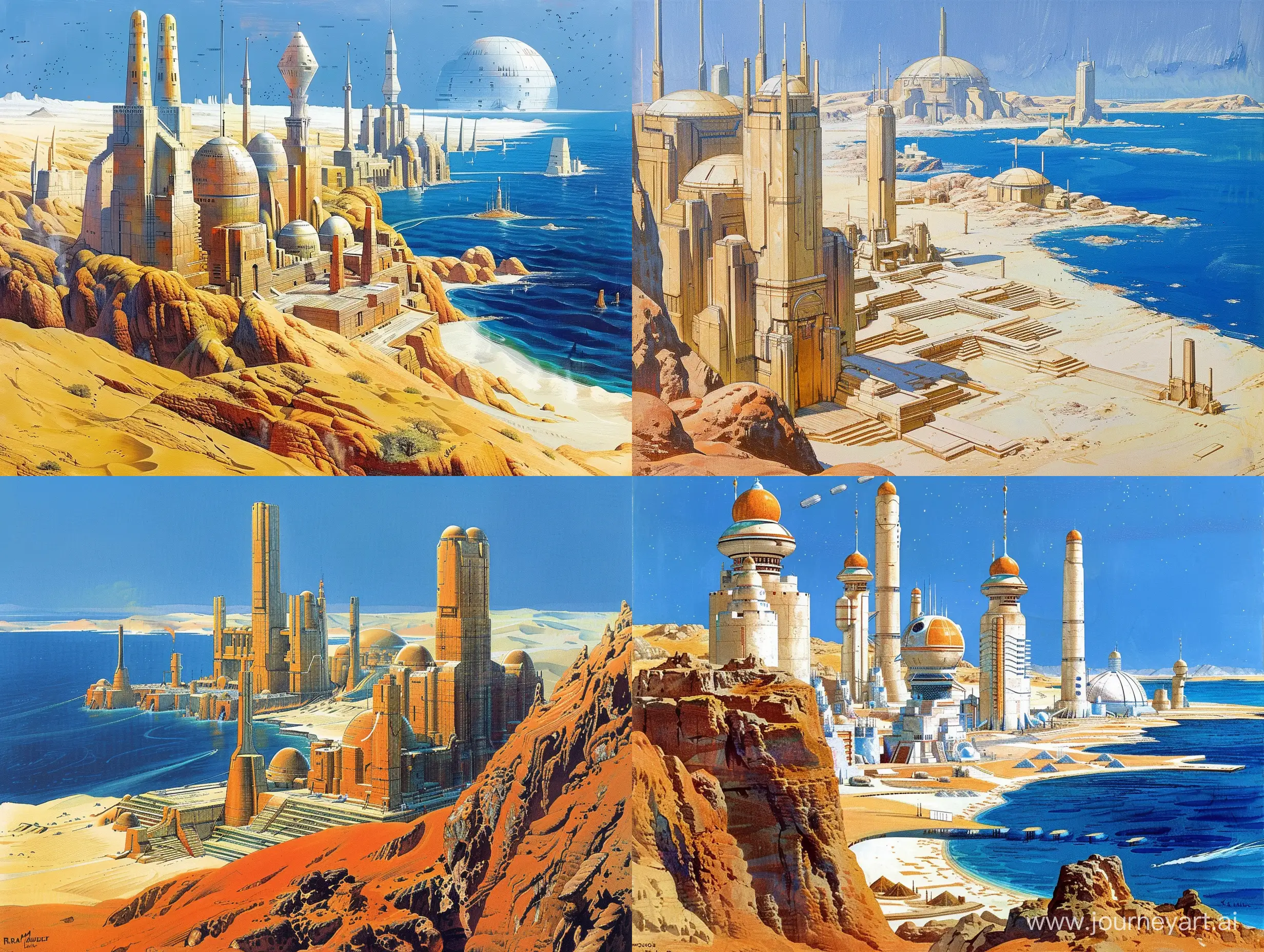 A futuristic desert coastal city with towers and ziggurats painted by Ralph McQuarrie. on the desert coast of an ocean. domes. retro science fiction art style. in color. 