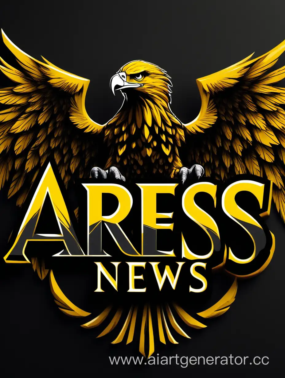  Ares News надпись, тёмные цвета, орёл , логотип к бренду, минимальное количество деталей , черно жёлтые цвета