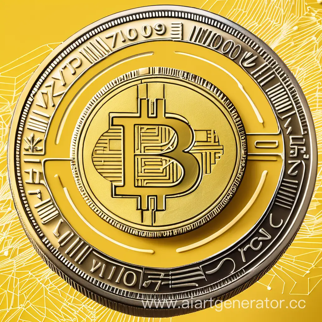 крипто монета виртуально нарисованая на желтом фоне красивом