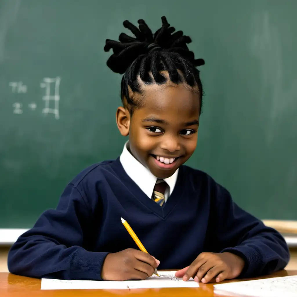 a young african american boy with black dreadlocks that are in a bun. he is working a math problem on a school blackboard. He is 6 and smiling

