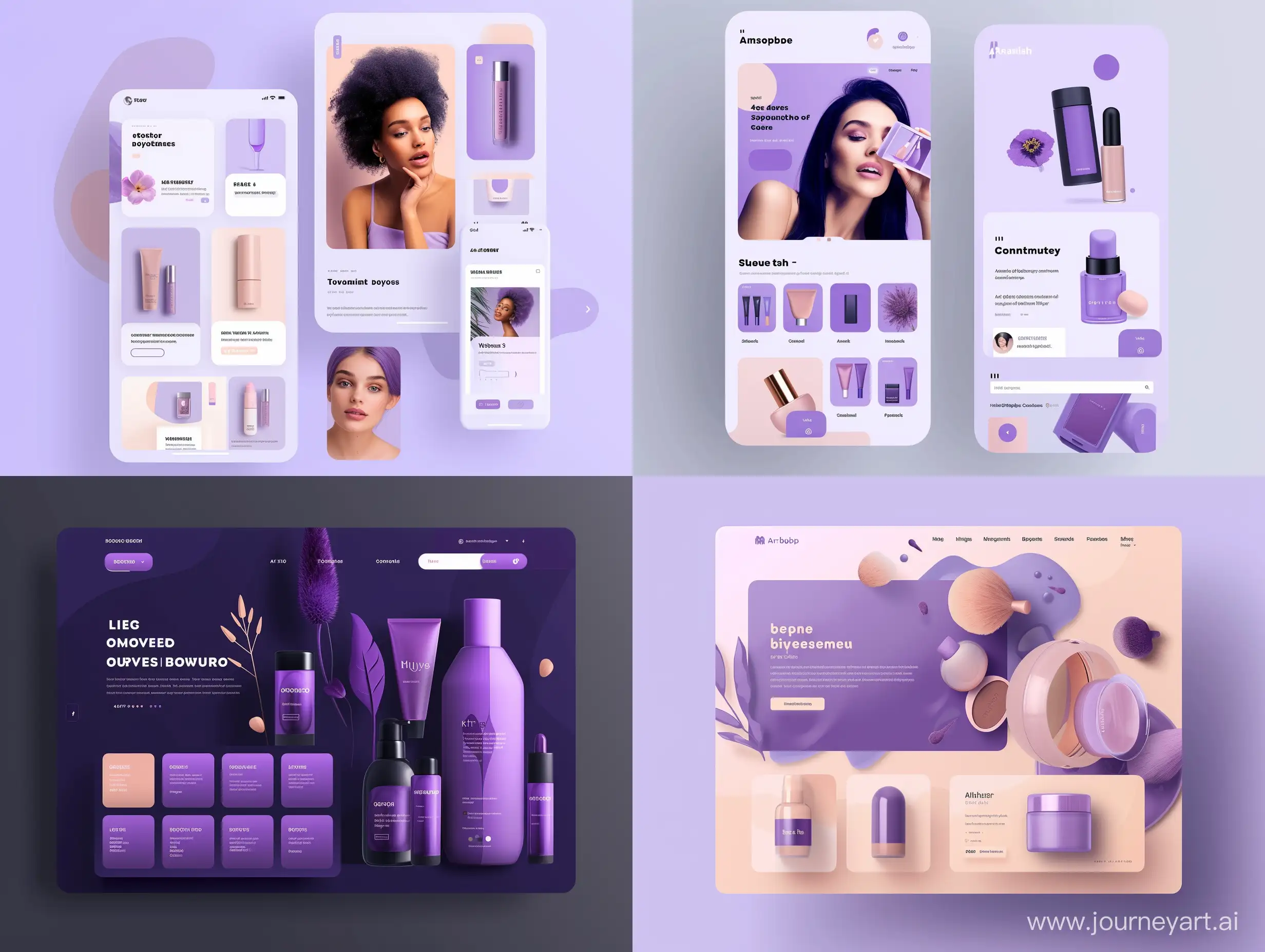 UI Design of a cosmotic buyout company, Landing page, Modern, Classy, Minimalistic, Trending purple Color Palette on Dribble, High Resolution — ar 4:3
