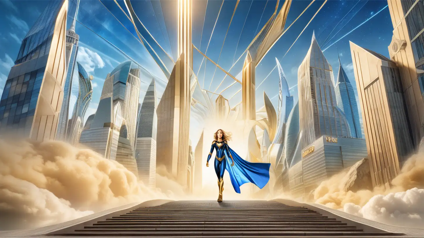 A motivational image depicting the hero's journey of growth and achievement. The path ascends in 7 stages of progression. The apex  features a triumphant superhero Marvel style woman figure representing the achievement of success. The background can be an evolving landscape of an office environment transforming into a more grand and successful setting, cinematic, sci-fi style in shades of blue and gold