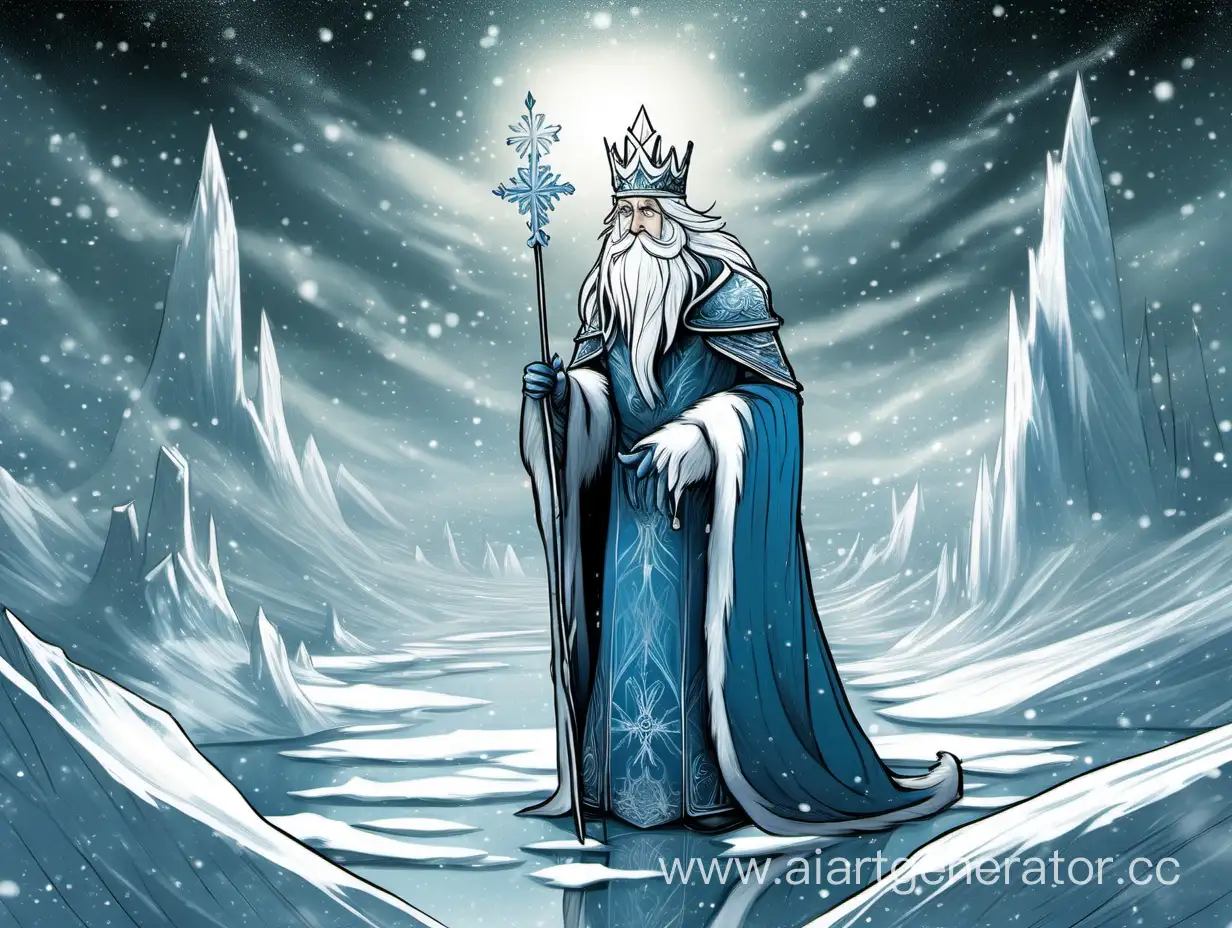 Снежинка отправилась в путь, оставляя позади своих сестер и братьев. Она летела над заснеженными горами и долинами, пока не достигла края земли. Там она увидела огромное озеро, которое было покрыто льдом. На льду сидела одинокая и печальная фигура. Это был Ледяной Король. Ледяной Король был очень старым и мудрым. Он знал много историй и легенд о прошлом и будущем.