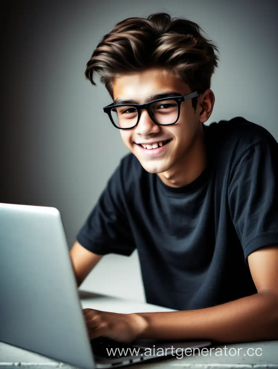 подросток сидит за ноутбуком, он чувствует себя крутым и сидит в черных очках. он рад тому что работает за ноутбуком