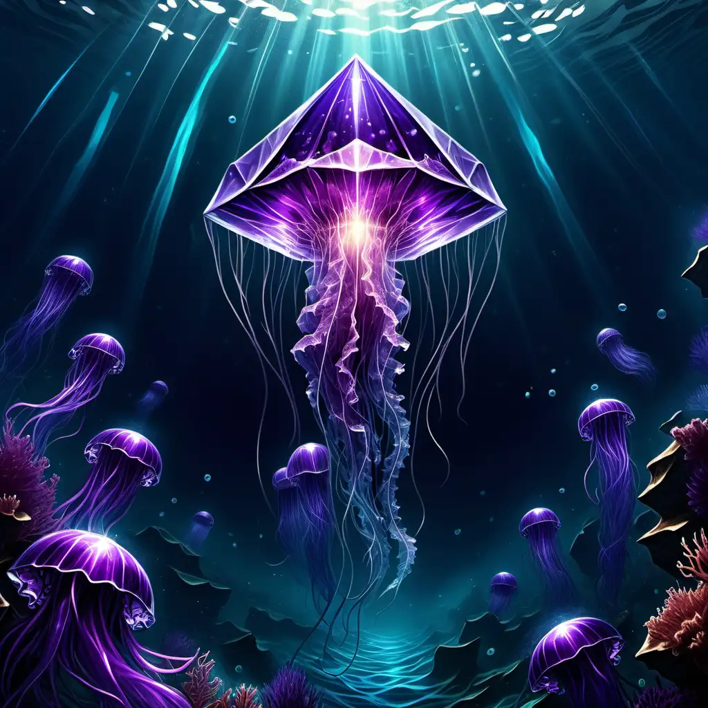 Glimmering Purple Crystal Amidst Oceanic Jellyfish
