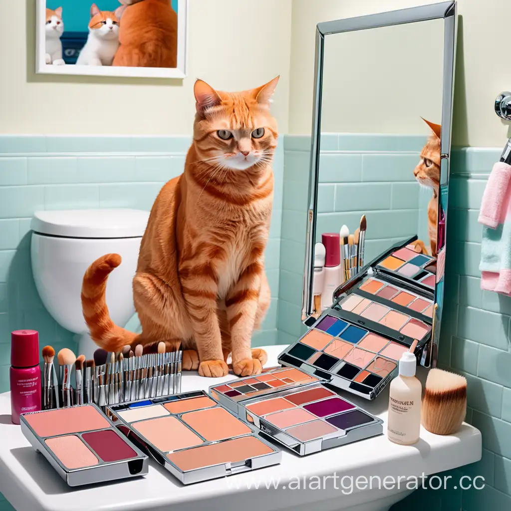 Рыжая кошка сидит на туалетном столике, на туалетном столике стоят стопки палеток для лица, кошка смотрит на палетки для лица