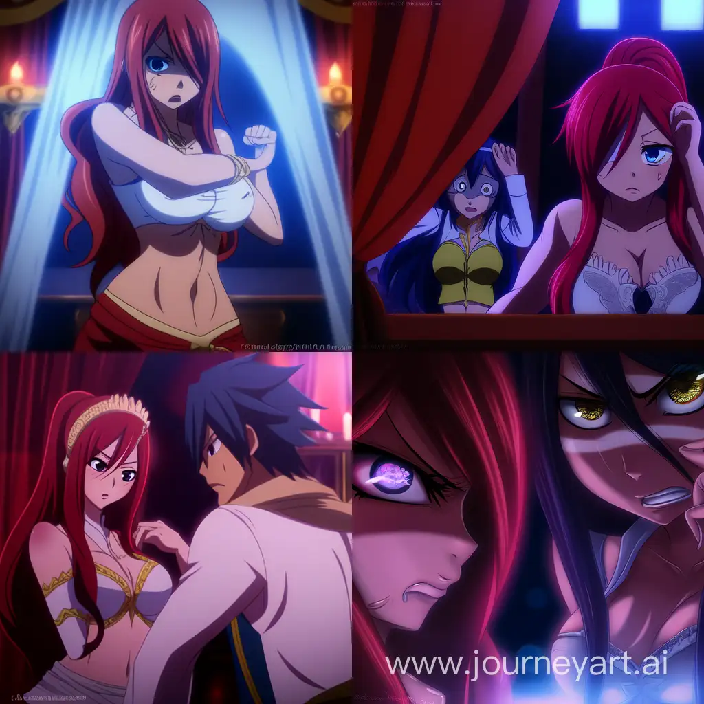 Erza Scarlet, Fairy Tail anime, red hair, long hair,  embarrassed face, belly dancer, night, bedroom,kaa,concentric ring eyes, very bright blue and yellow eyes, dark circles, coloured sclera, large wide eyes, smile, drooling 