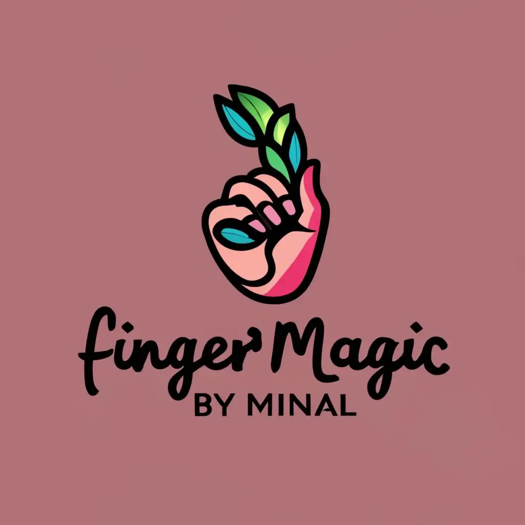 logo, hands writing smaller than logo name use colour and bright , any colours , fine art studio hight text "finger magic by minal", with the text "Finger magic by minal jain", typography, be used in Beauty Spa industry