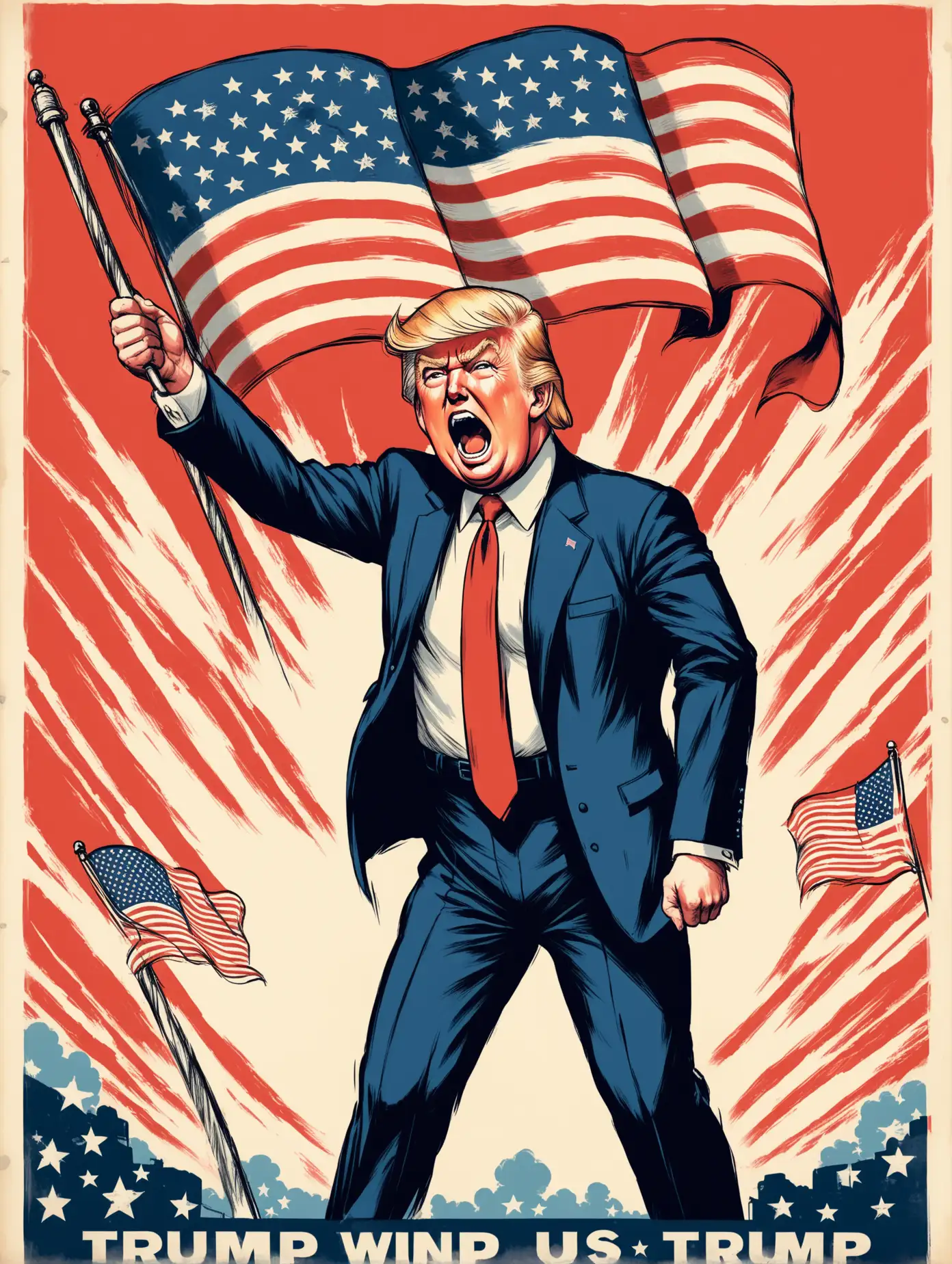 very patritic Trump waving with US flag in a wind, trumpcore, highly patriotic, screaming Trump, vintage poster