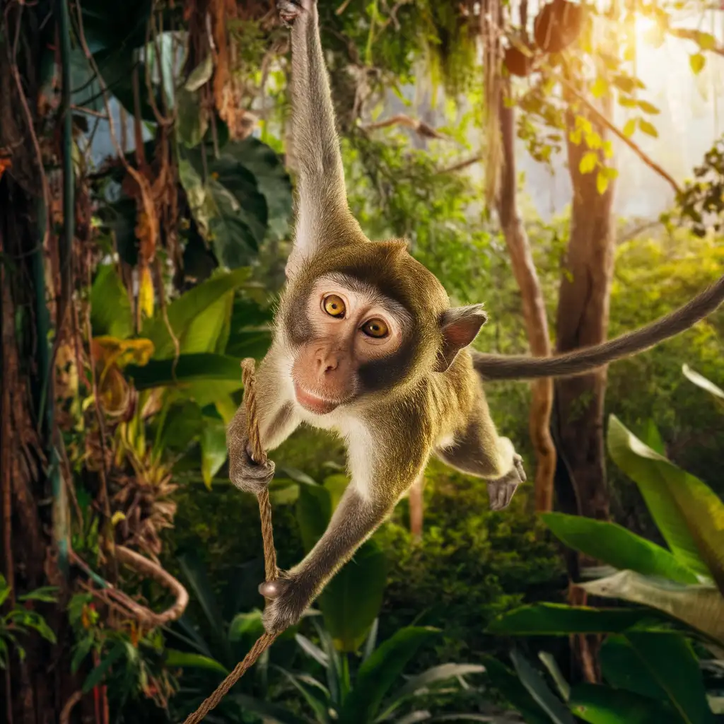 A curious monkey swinging through a lush rainforest canopy.