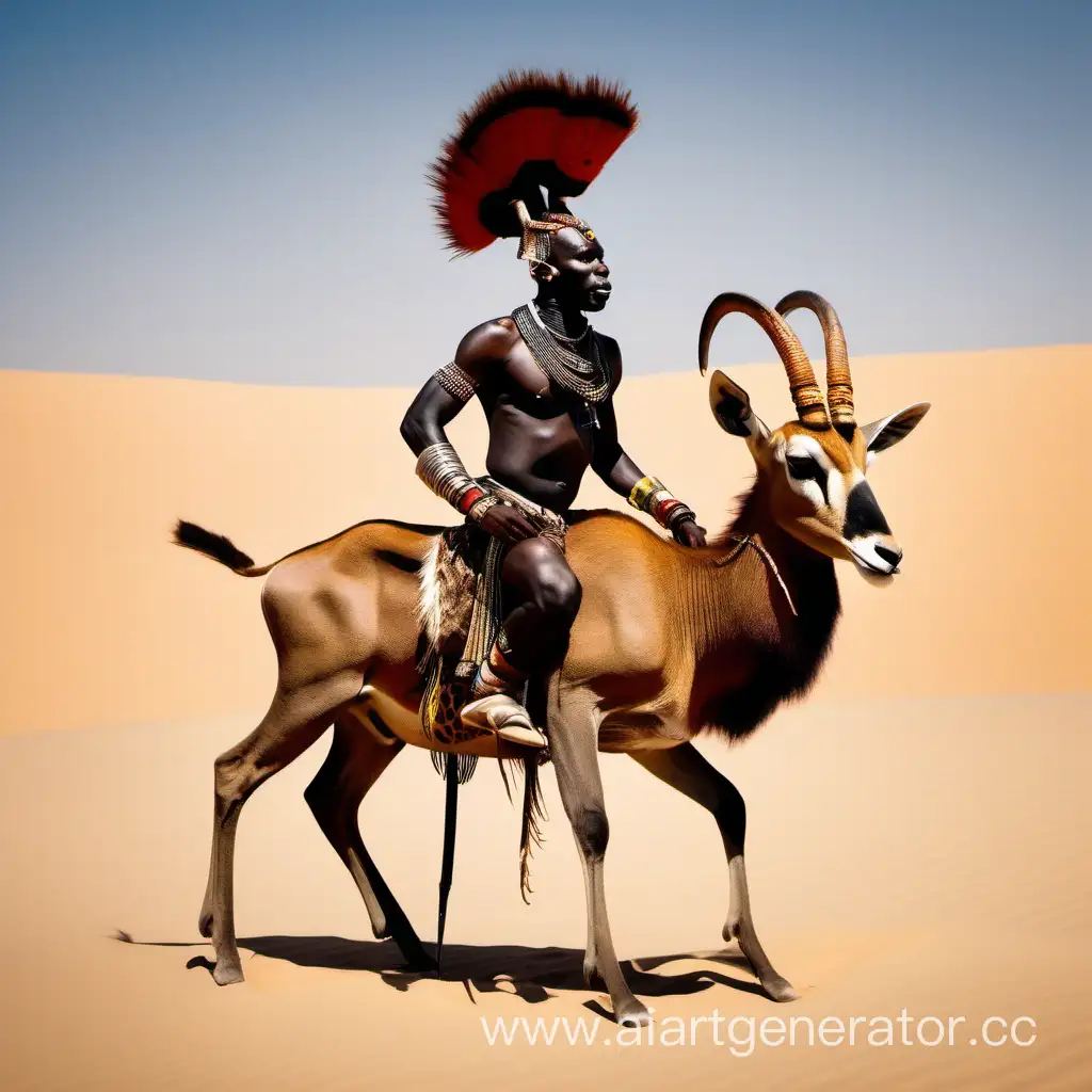 Африканский воин-всадник на большой антилопе бонго в пустыне
