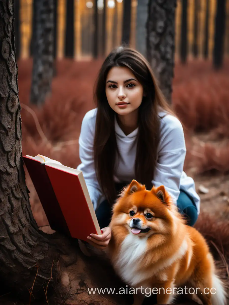Девушка брюнетка с карими глазами в лесу, изучает деревья, рядом померанский рыжий шпиц