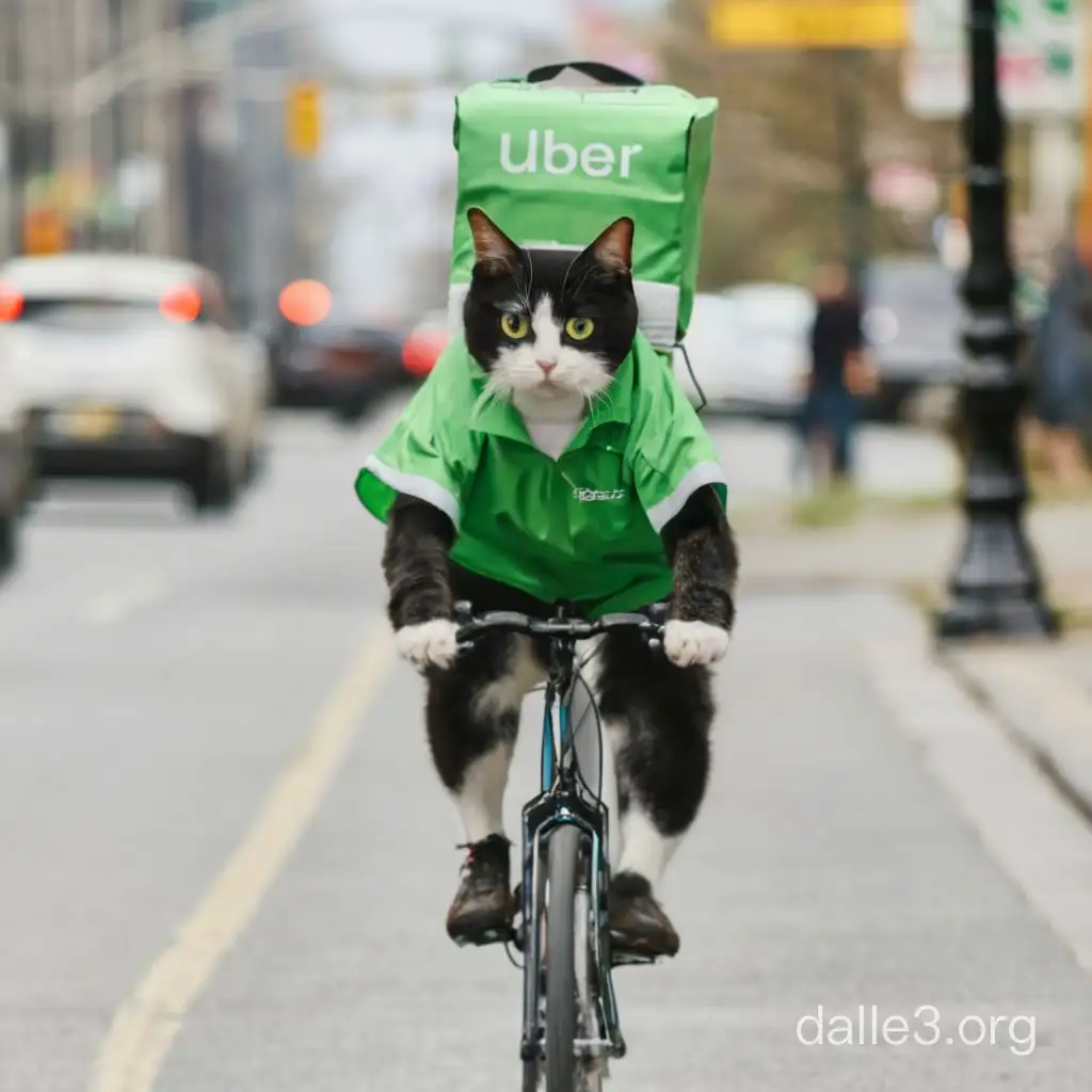 ウーバーイーツのバッグを背負い、配達員の服を着て自転車に乗る猫