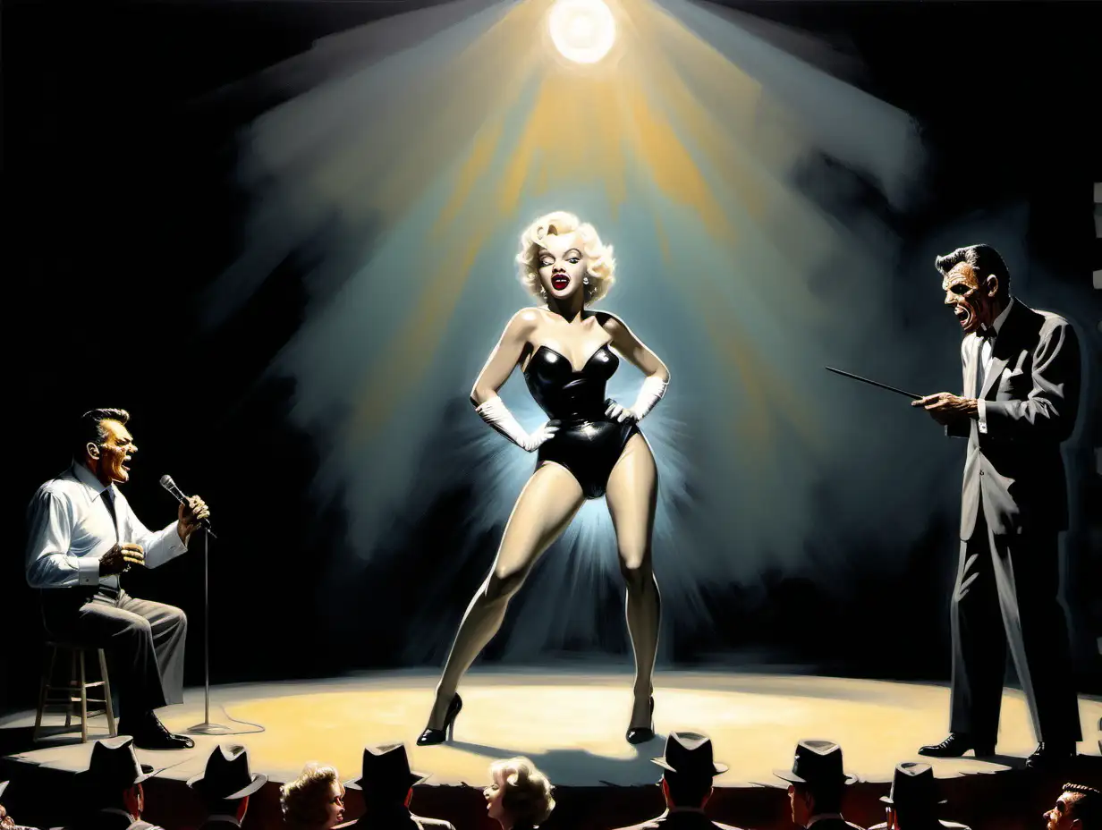 The Wolfman and Frank Sinatra and Marilyn Monroe on stage with a spotlight on them Frank Frezetta style painting