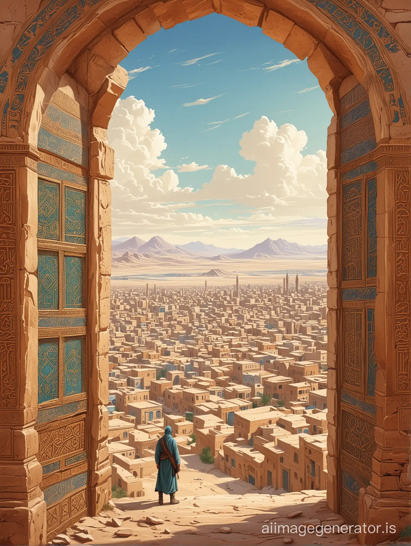 illustration for book cover.  in the background, the buildings of Khorezm can be seen in the distance.  In the ancient oriental style
