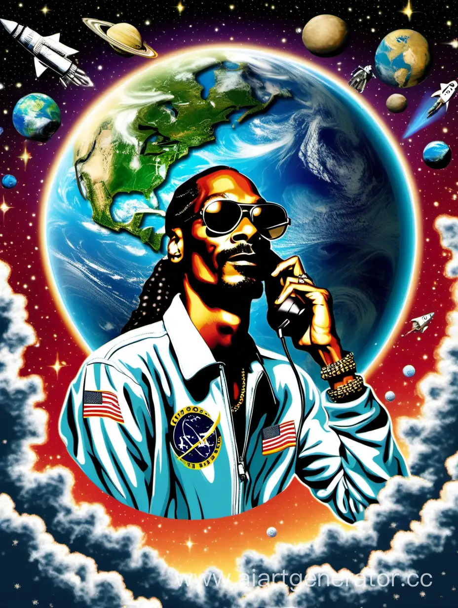 Snoop Dogg in a space rocket orbiting the earth and talking on the phone