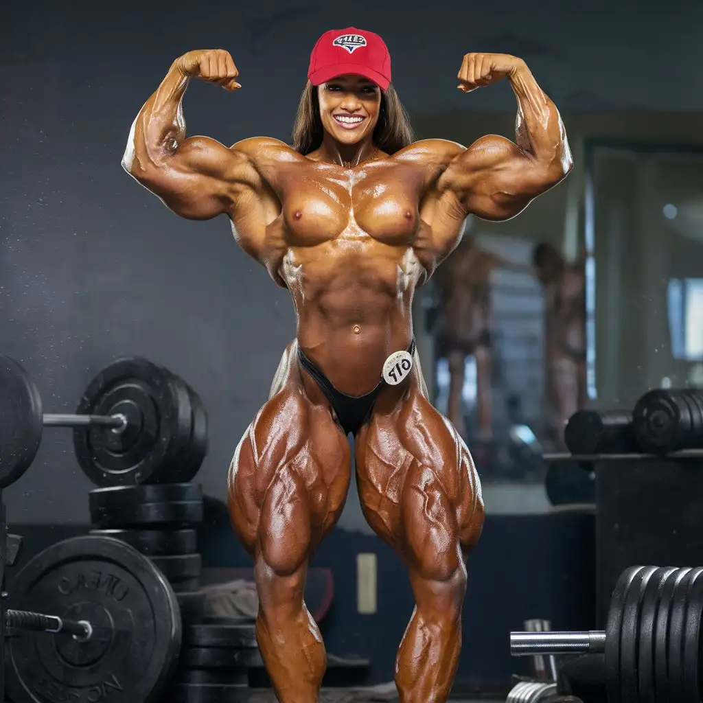 Cuban female bodybuilder very big muscles big biceps huge arms huge legs topless wearing a red baseball cap