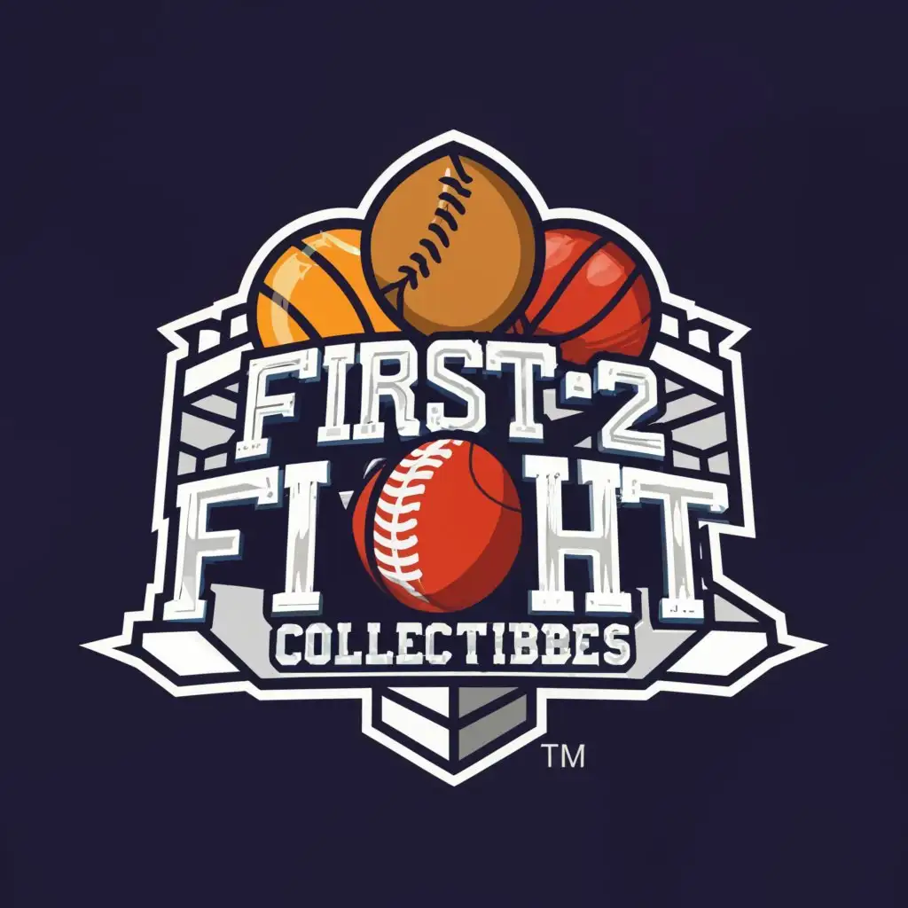 a logo design,with the text "First 2 Fight Collectibles", main symbol:baseball, basketball, football,complex,clear background