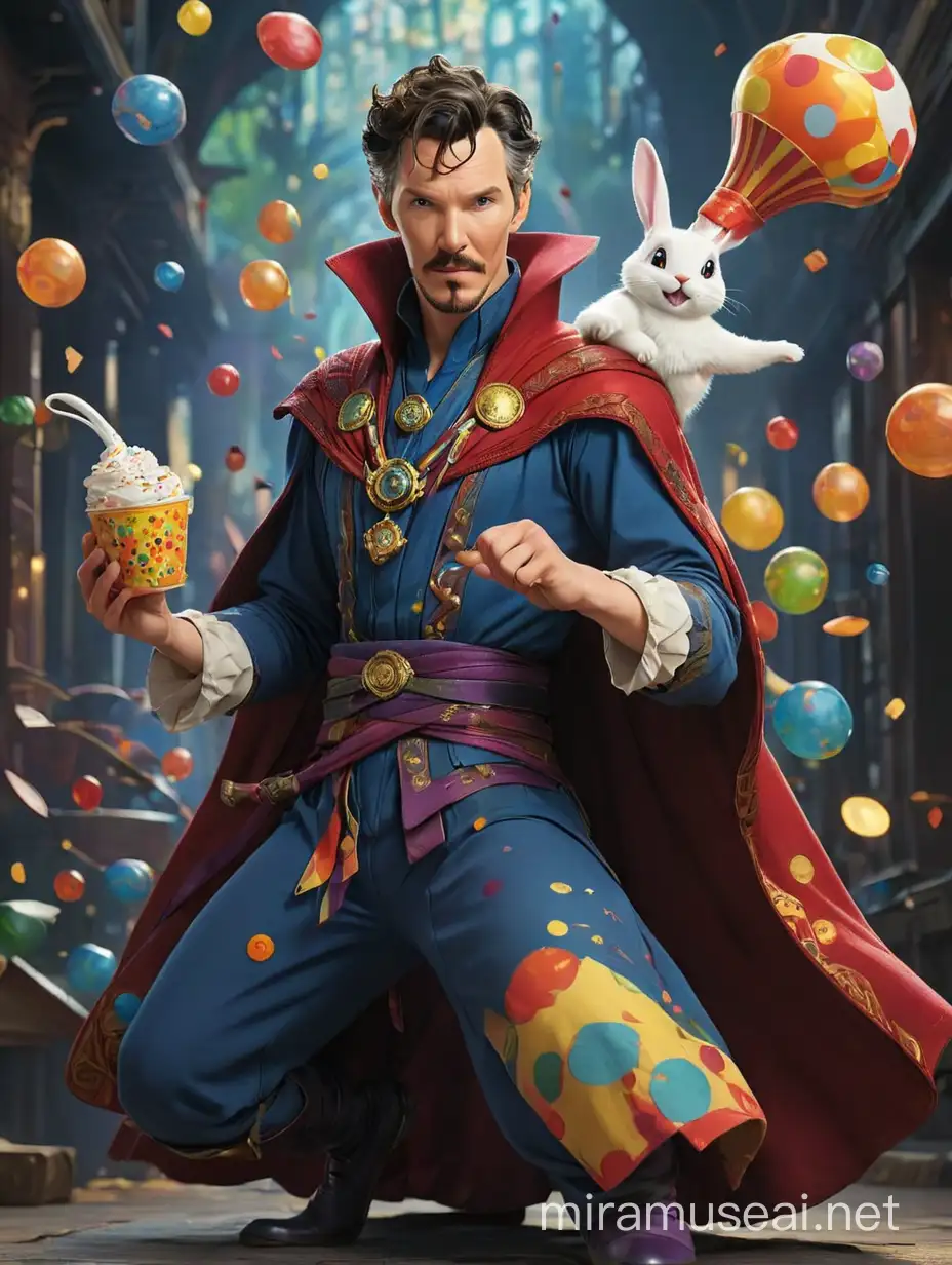 The illustration captures Doctor Strange full body dressed in a vibrant clown costume, complete with colorful polka dots and oversized accessories. Despite the whimsical attire, Doctor Strange's eyes gleam with magic and mystery, adding an aura of enchantment to the scene. Doctor Strange holds a magician's top hat in his right hand. From within the hat emerges a fluffy white rabbit, adding an element of surprise and delight to his performance.
